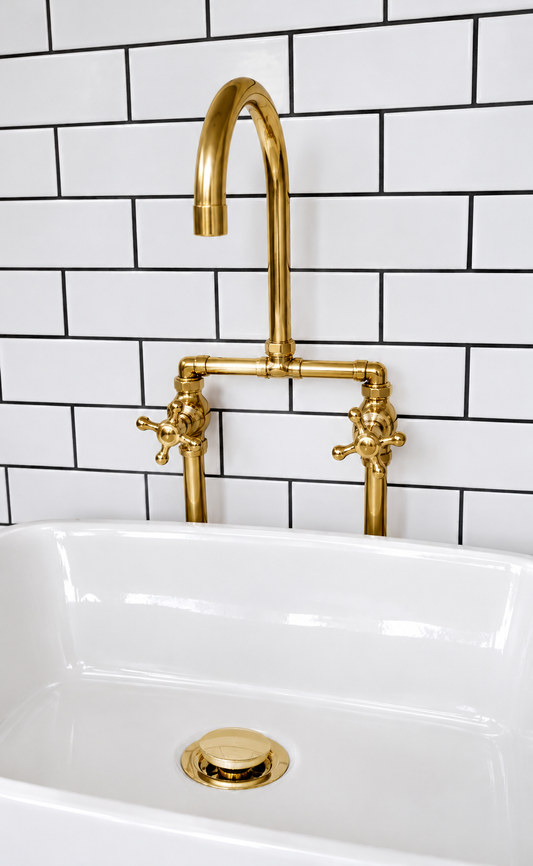 Classic Brass Elegance: A Customised Kitchen Mixer with Matching Basin Grating