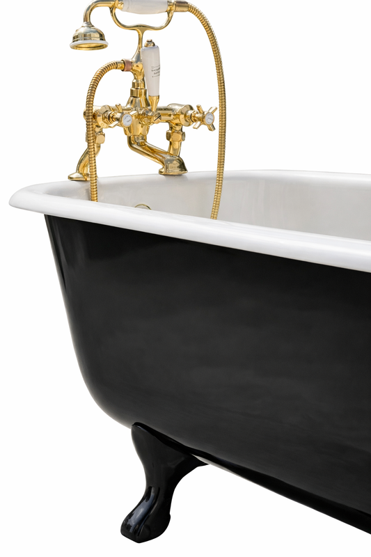 Black Victorian Clawfoot Bathtub with Solid Brass Pillar Mounted Bath Mixer