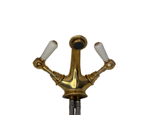 Solid Brass Victorian-Style Basin Mixer Tap with White Lever Handles