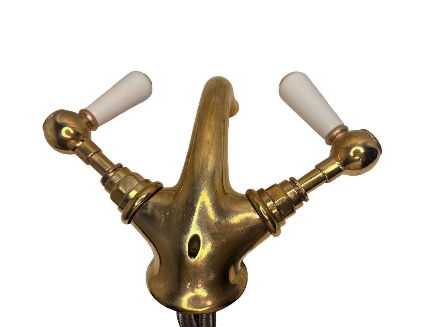 Solid Brass Victorian-Style Basin Mixer Tap with White Lever Handles