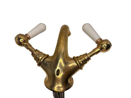 Solid Brass Victorian-Style Basin Mixer Tap with White Lever Handles