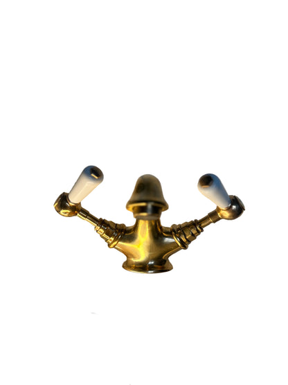 Solid Brass Victorian-Style Basin Mixer Tap with White Lever Handles