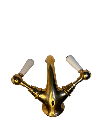 Solid Brass Victorian-Style Basin Mixer Tap with White Lever Handles