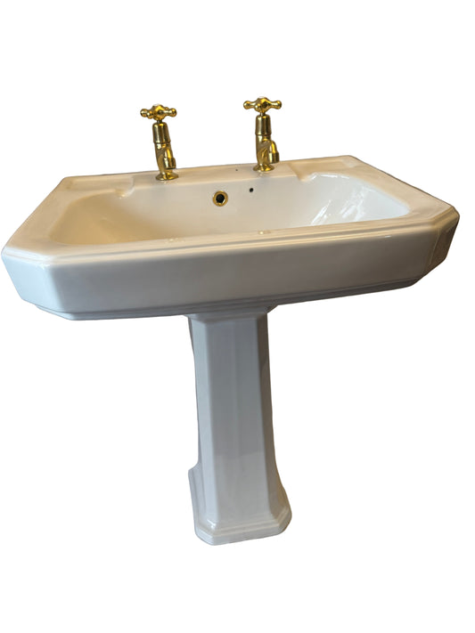 Vintage Basin & Pedestal Set with Hot and Cold Brass Taps and Solid Brass Clicker Waste