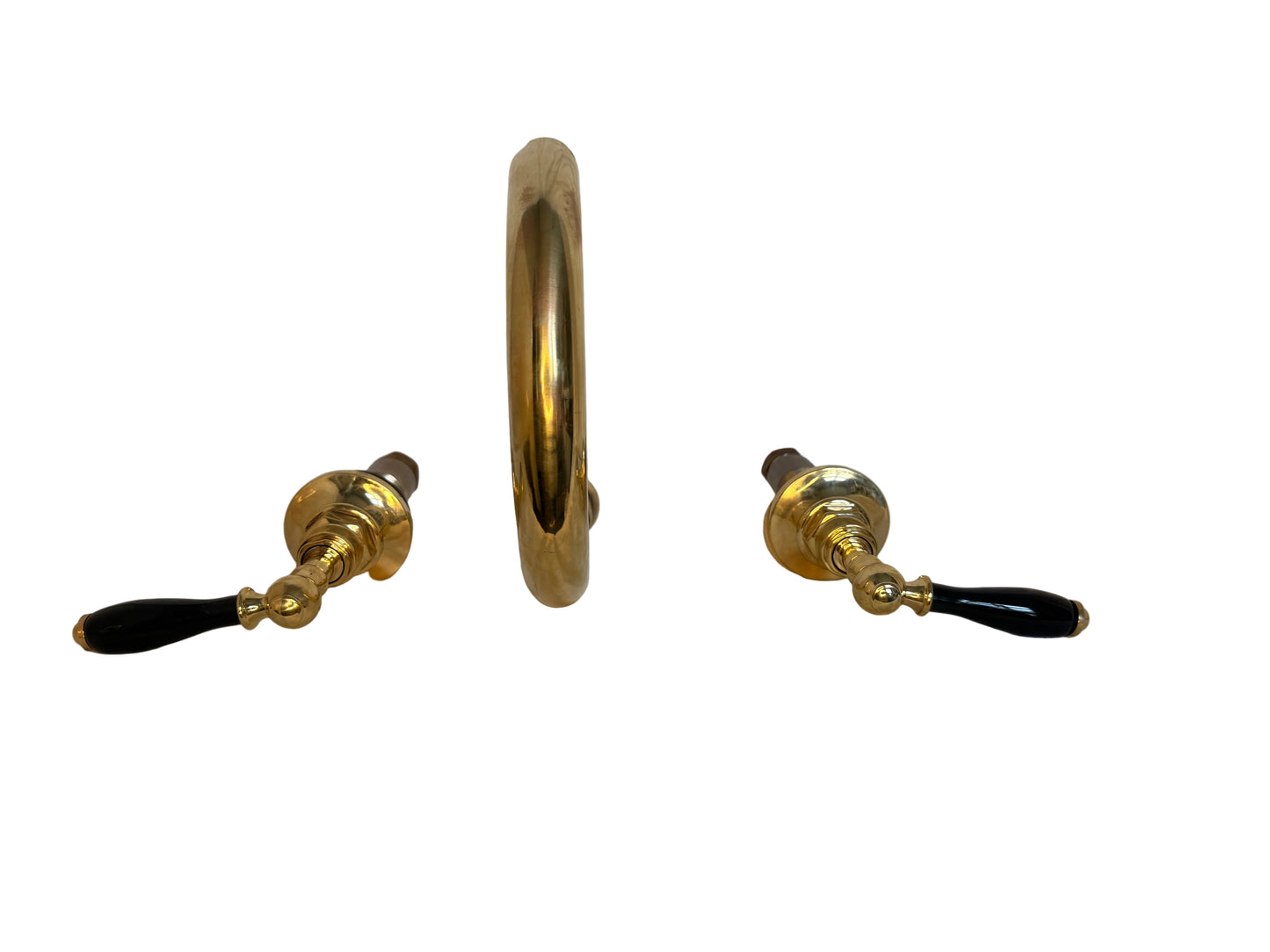 Antique Brass Wall-Mounted Basin Mixer with Black Lever Handles