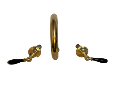 Antique Brass Wall-Mounted Basin Mixer with Black Lever Handles