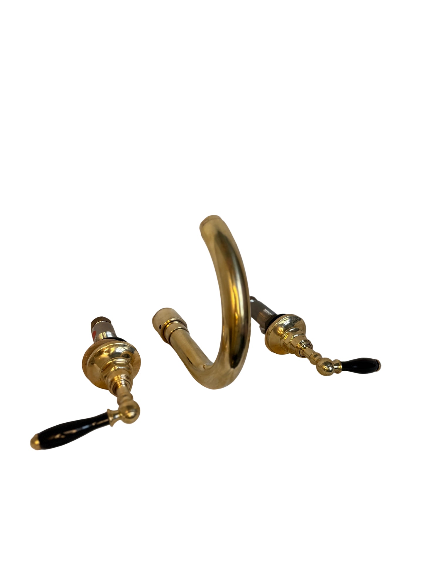 Antique Brass Wall-Mounted Basin Mixer with Black Lever Handles
