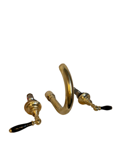 Antique Brass Wall-Mounted Basin Mixer with Black Lever Handles