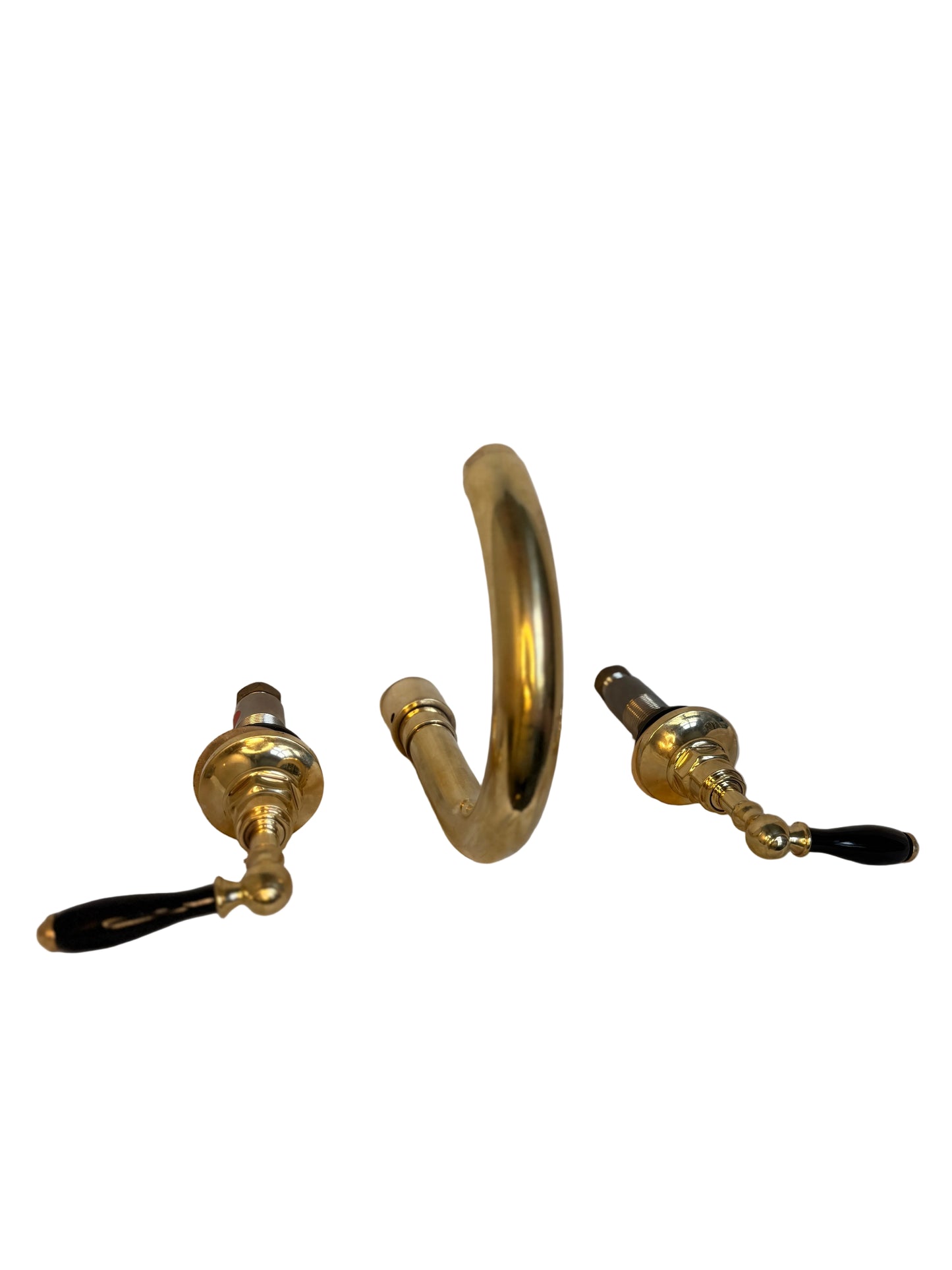 Antique Brass Wall-Mounted Basin Mixer with Black Lever Handles