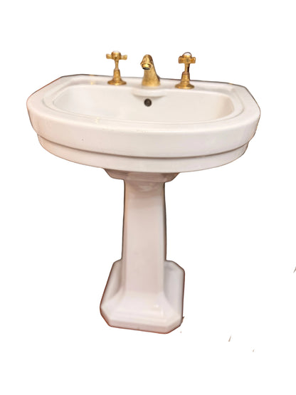 Vintage Basin & Pedestal Set with 3-Hole Mixer and Solid Brass Clicker Waste