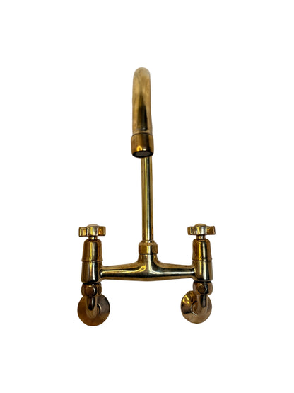 Solid Brass Wall-Mounted Kitchen Mixer Tap with Porcelain & Brass Handles