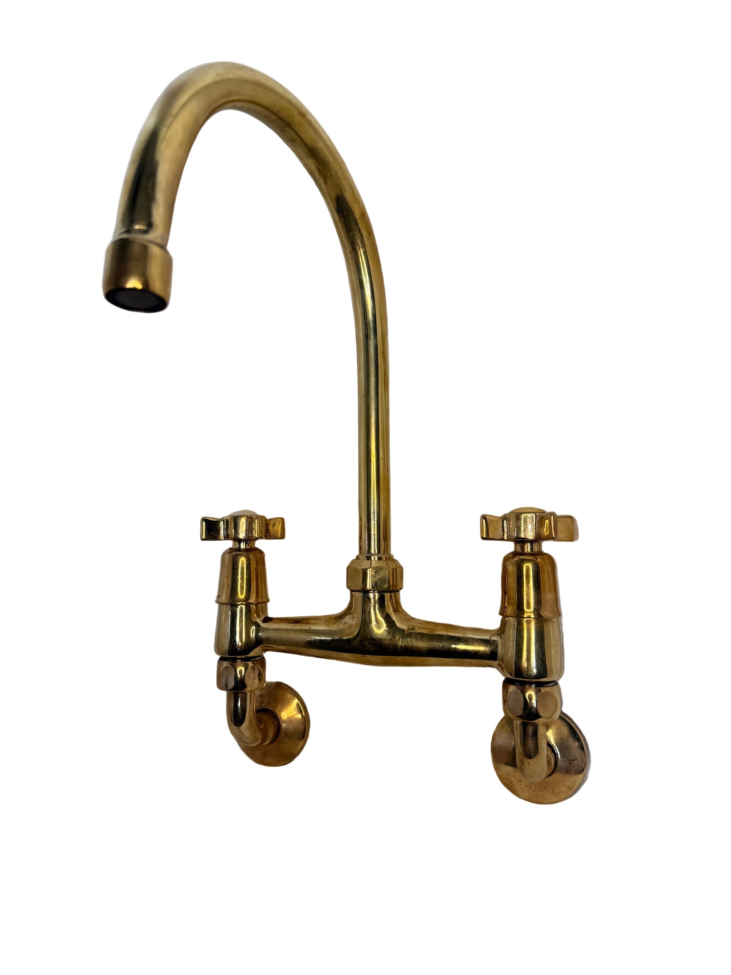 Solid Brass Wall-Mounted Kitchen Mixer Tap with Porcelain & Brass Handles