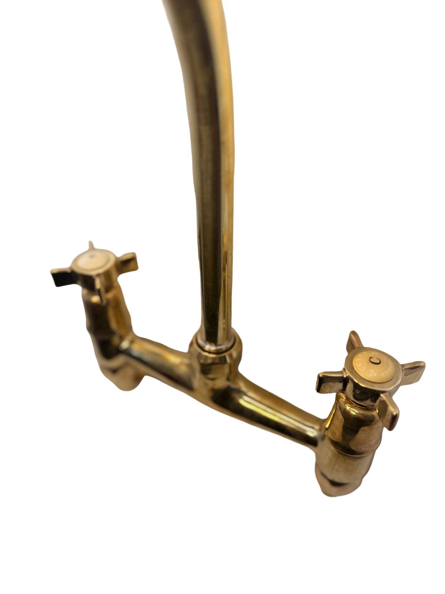 Solid Brass Wall-Mounted Kitchen Mixer Tap with Porcelain & Brass Handles