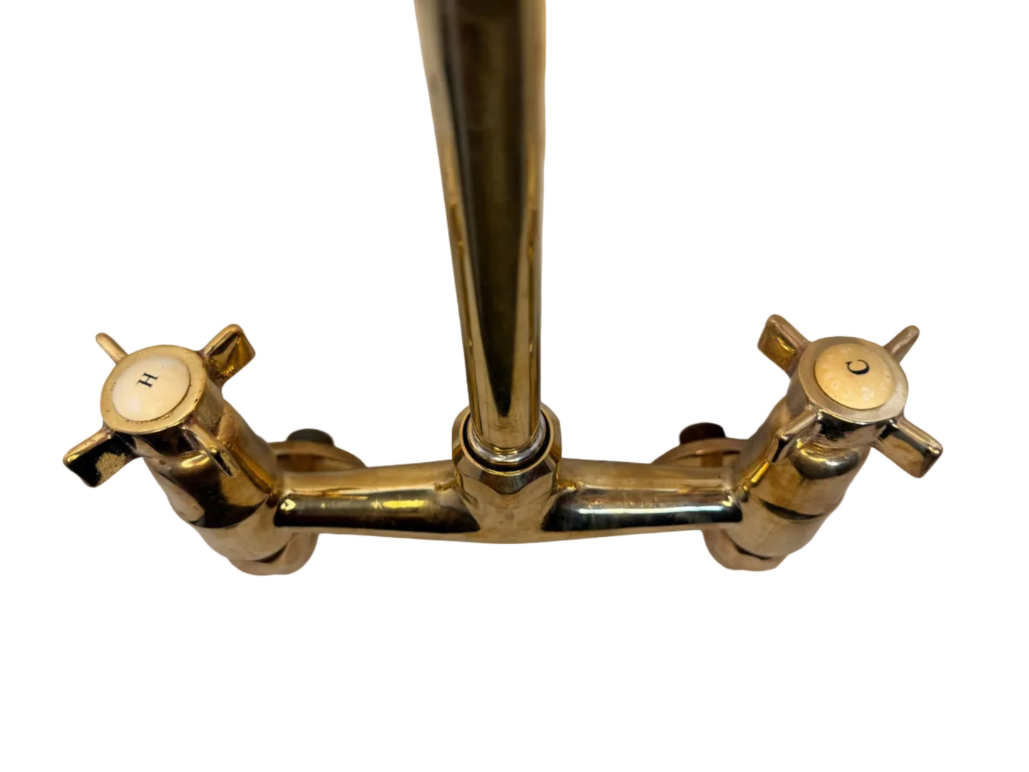 Solid Brass Wall-Mounted Kitchen Mixer Tap with Porcelain & Brass Handles