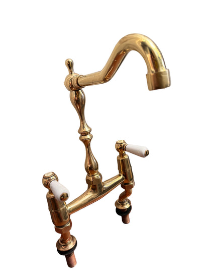 Solid Brass Pillar Kitchen Mixer with Porcelain Handles