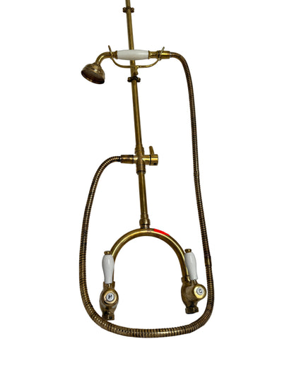 Exposed Solid Brass Shower Set with Hand Shower & White Porcelain Lever Handles