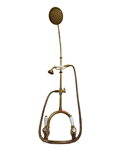 Exposed Solid Brass Shower Set with Hand Shower & White Porcelain Lever Handles