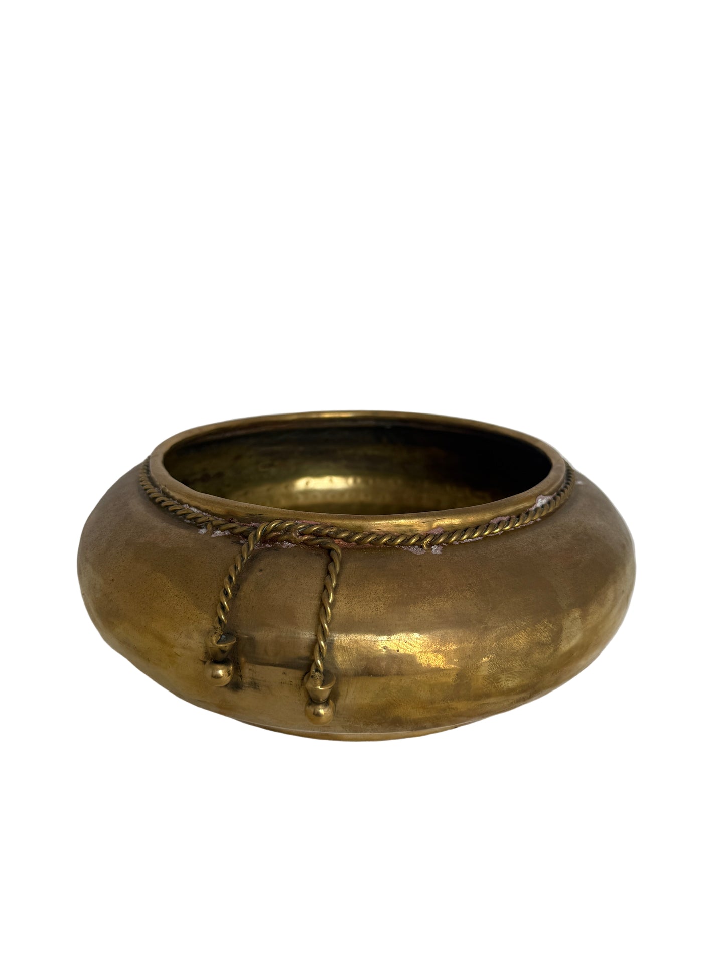 Vintage Hammered Brass Bowl with Rope-and-Tassel Design