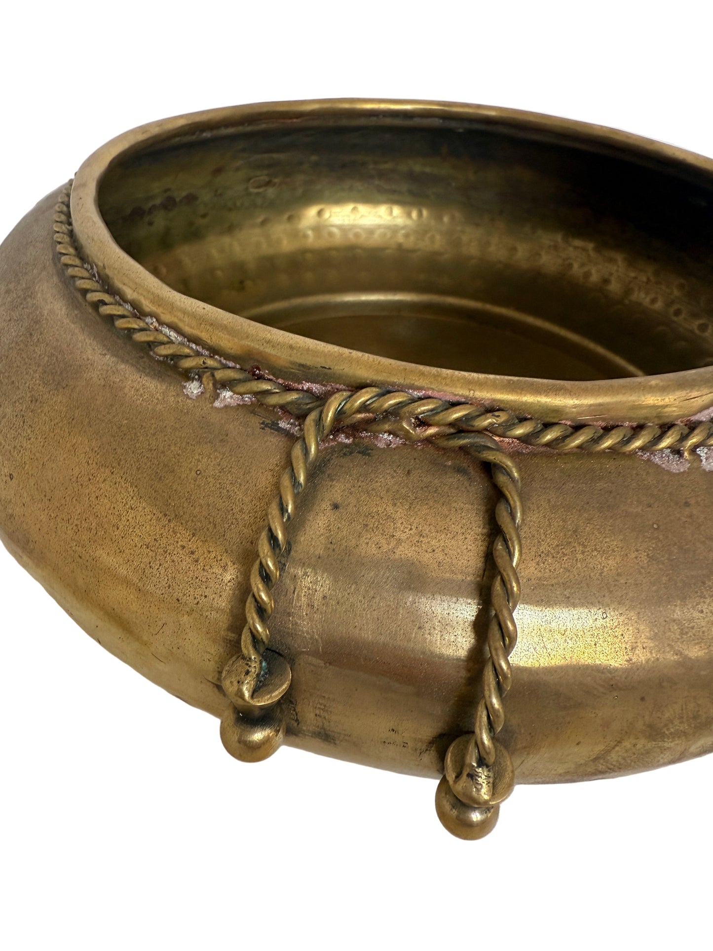 Vintage Hammered Brass Bowl with Rope-and-Tassel Design