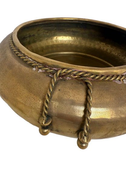Vintage Hammered Brass Bowl with Rope-and-Tassel Design
