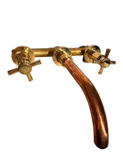 Solid Brass Dual Handle Wall Mounted Mixer Tap with Copper Spout