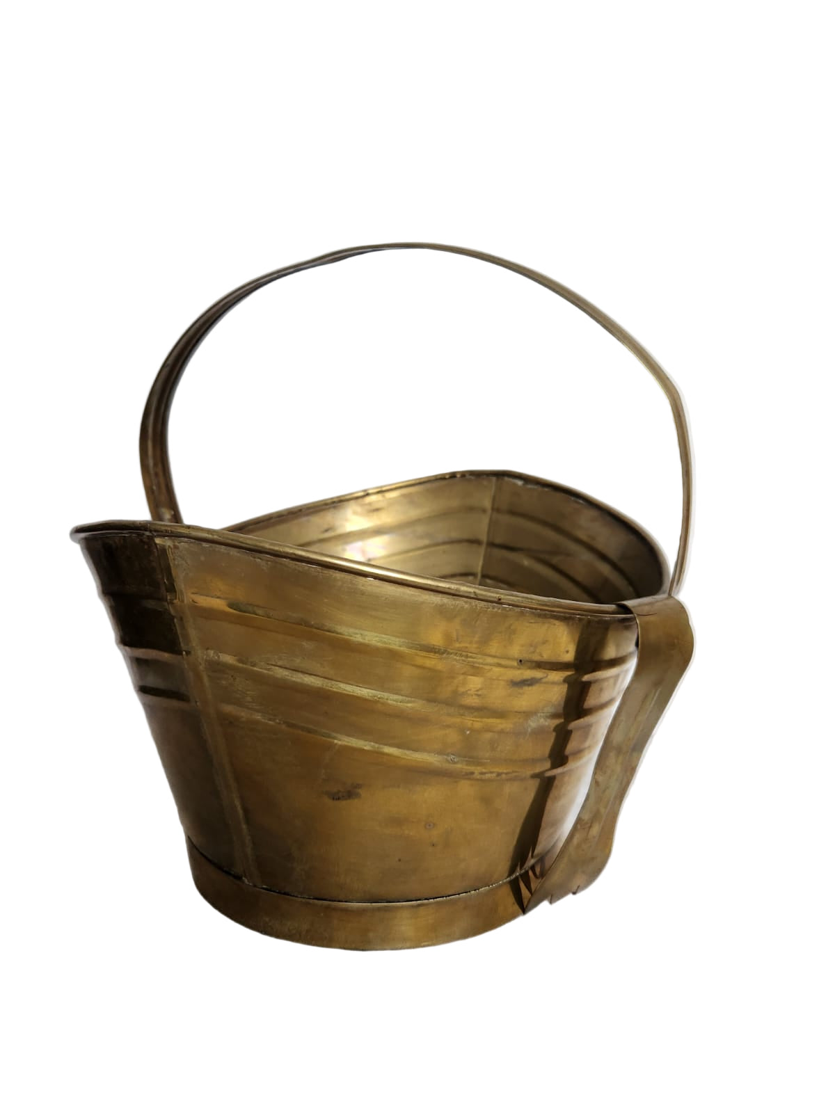 Vintage Demi-Lune Brass Cache Pot with Swing Handle & Brass Tweezers