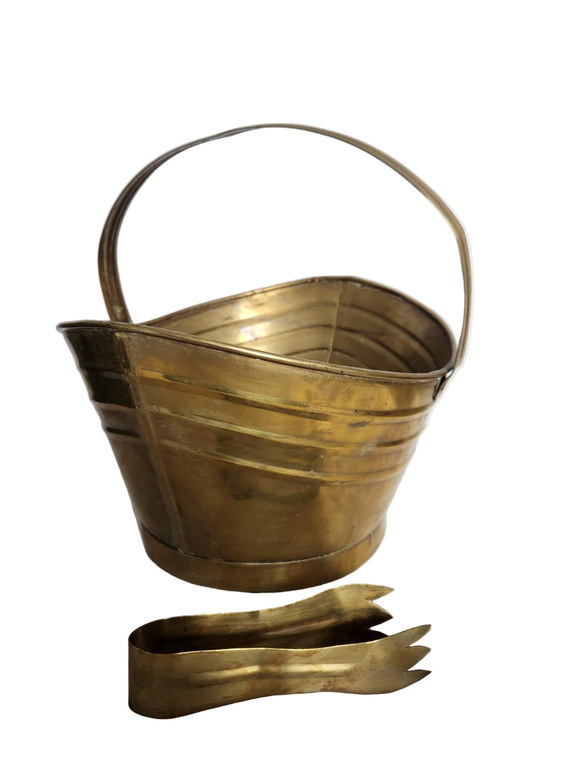 Vintage Demi-Lune Brass Cache Pot with Swing Handle & Brass Tweezers