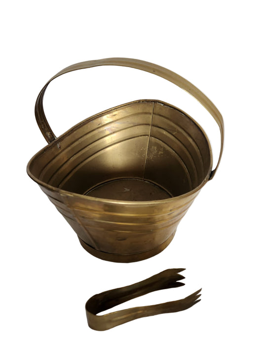 Vintage Demi-Lune Brass Cache Pot with Swing Handle & Brass Tweezers